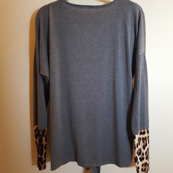 Grey Button Up Blouse with Leopord Sleeve - Picture 3 of 4